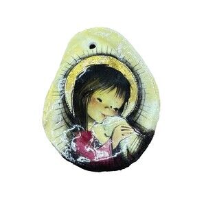 Vintage Hand Painted Oyster Shell Pendant Christmas Ornament Child Halo Lamb